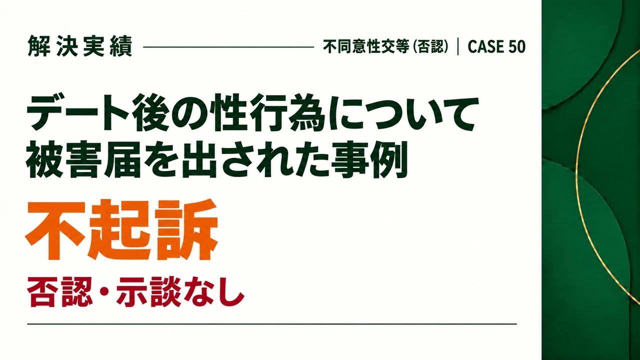 デート後に自宅で性行為をしたところ、後から被害届を出されて不同意性交等容疑で捜査を受けたが、容疑を否認して不起訴になった事例