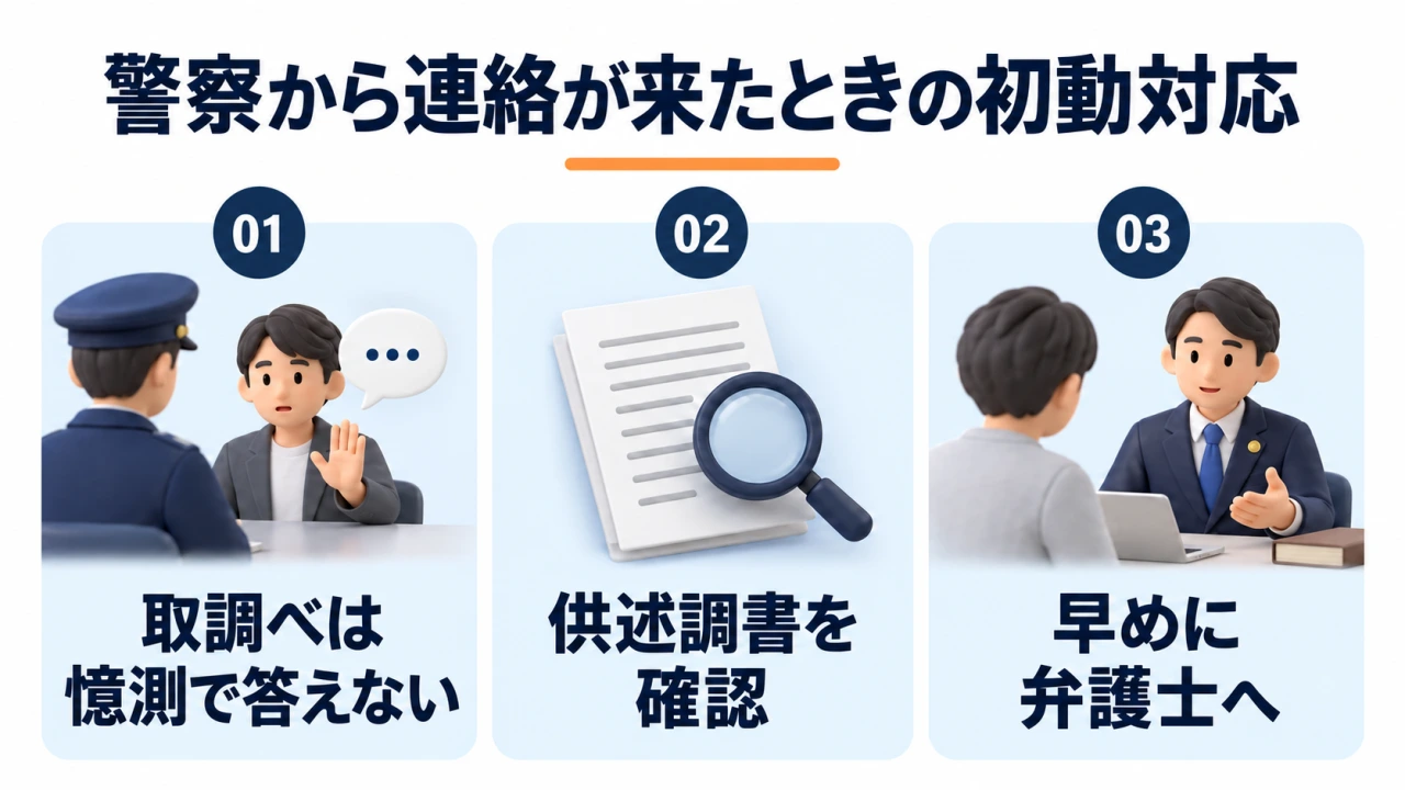 警察から連絡が来たときの初動対応。憶測で答えず、供述調書を確認し、早めに弁護士に相談
